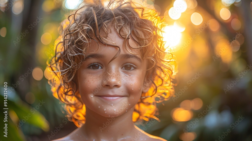 Fototapeta premium A cheerful boy with curly hair displays a bright smile while sunlight filters through the trees behind him at sunset