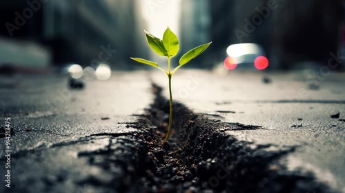 Young green plant growing through asphalt in urban environment, concept of resilience and hope