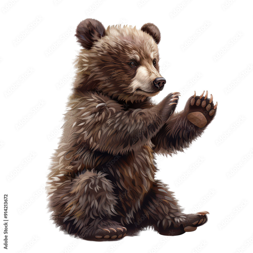 Obraz premium A cute, playful bear sitting with paws raised, showcasing its fluffy fur and endearing expression, ideal for wildlife themes. PNG transparent background.