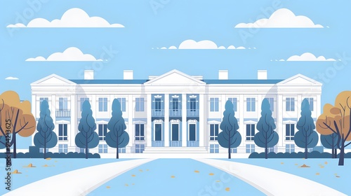 Minimalistic flat design of a classic government building surrounded by subtle trees and gentle clouds on a serene light blue background