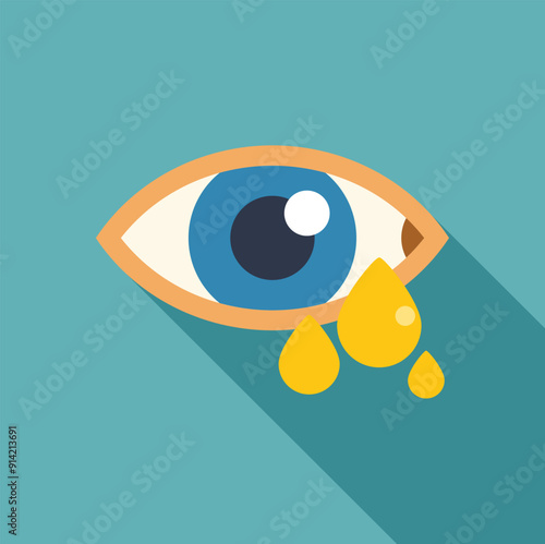 Blue human eye with yellow tears falling, on a blue background, with a long shadow