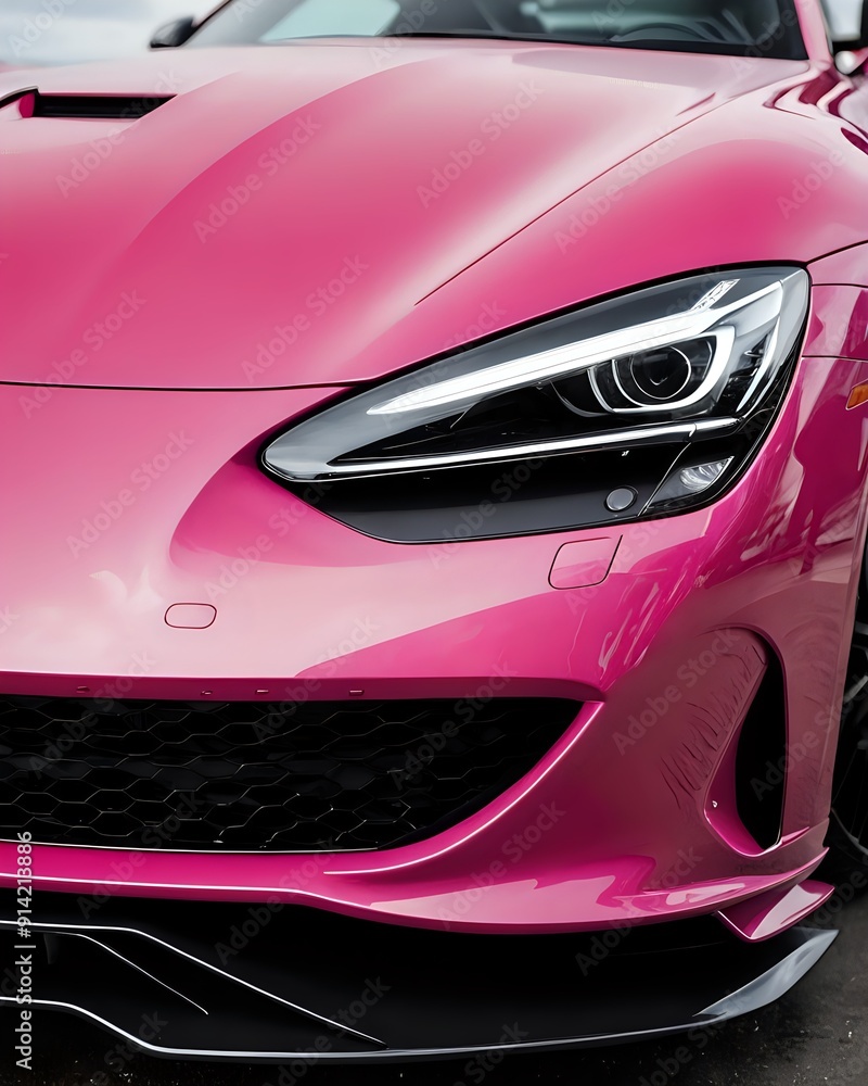 Close-up of a pink sports car's front end, showcasing the sleek design of the headlight and grille. Close-up of a pink sports car's front end, showcasing the sleek design of the headlight and grille.