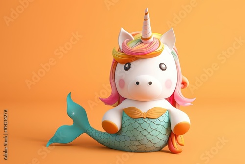 A 3D, cute, colorful unicorn dressed as a mermaid with a fish tail