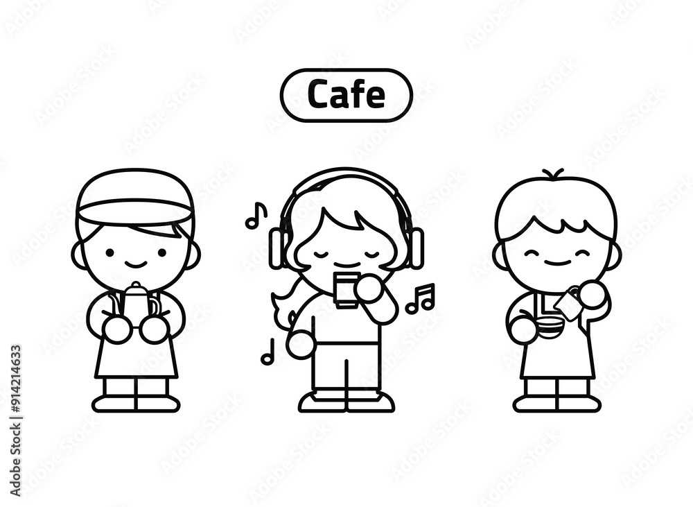 카페 캐릭터 흑백 일러스트.
카페에서 일하는 귀여운 캐릭터 세 명의 흑백 일러스트.