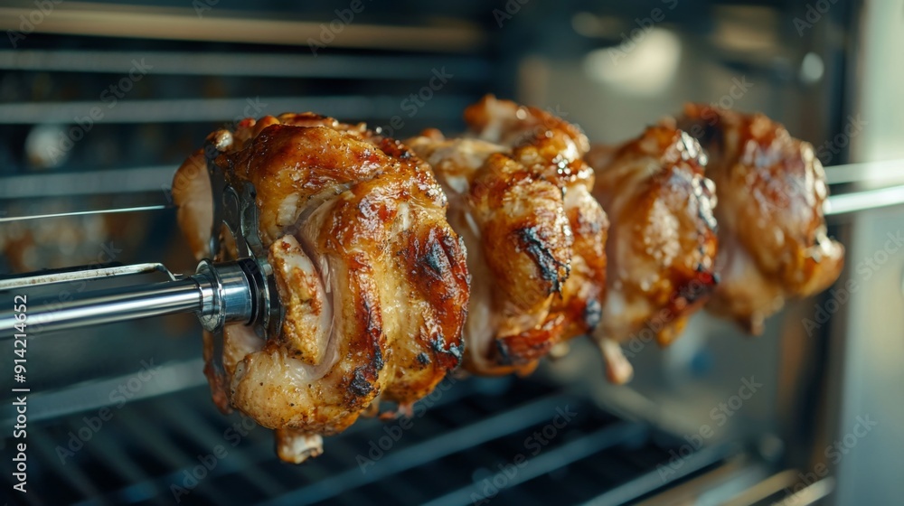 Four succulent chicken thighs rotate on a rotisserie grill, browning evenly as they cook and release savory aromas. Four succulent chicken thighs rotate on a rotisserie grill, browning evenly as they cook and release savory aromas.