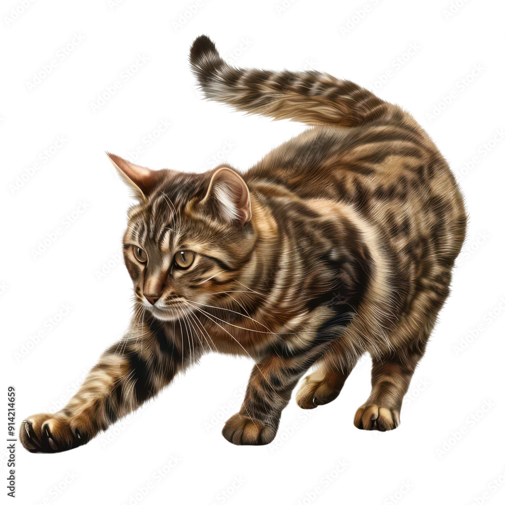 A detailed illustration of a playful cat stretching its limbs, showcasing its unique fur patterns and curious expression. PNG transparent background. A detailed illustration of a playful cat stretching its limbs, showcasing its unique fur patterns and curious expression. PNG transparent background.
