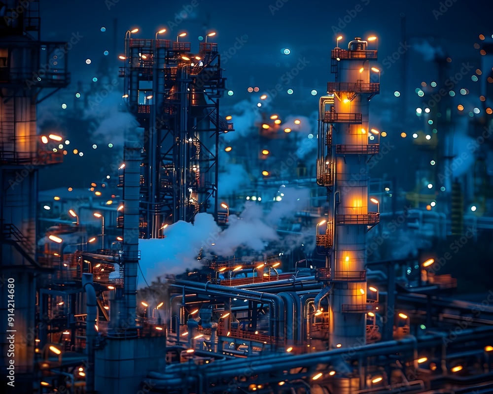 Illuminated Oil Refinery at Night with Complex Structures and Machinery Industrial Cityscape Backdrop Illuminated Oil Refinery at Night with Complex Structures and Machinery Industrial Cityscape Backdrop