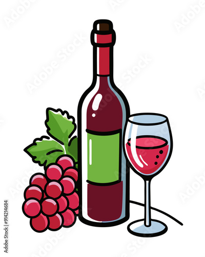 A bottle of wine and a glass of red wine and a bunch of grapes