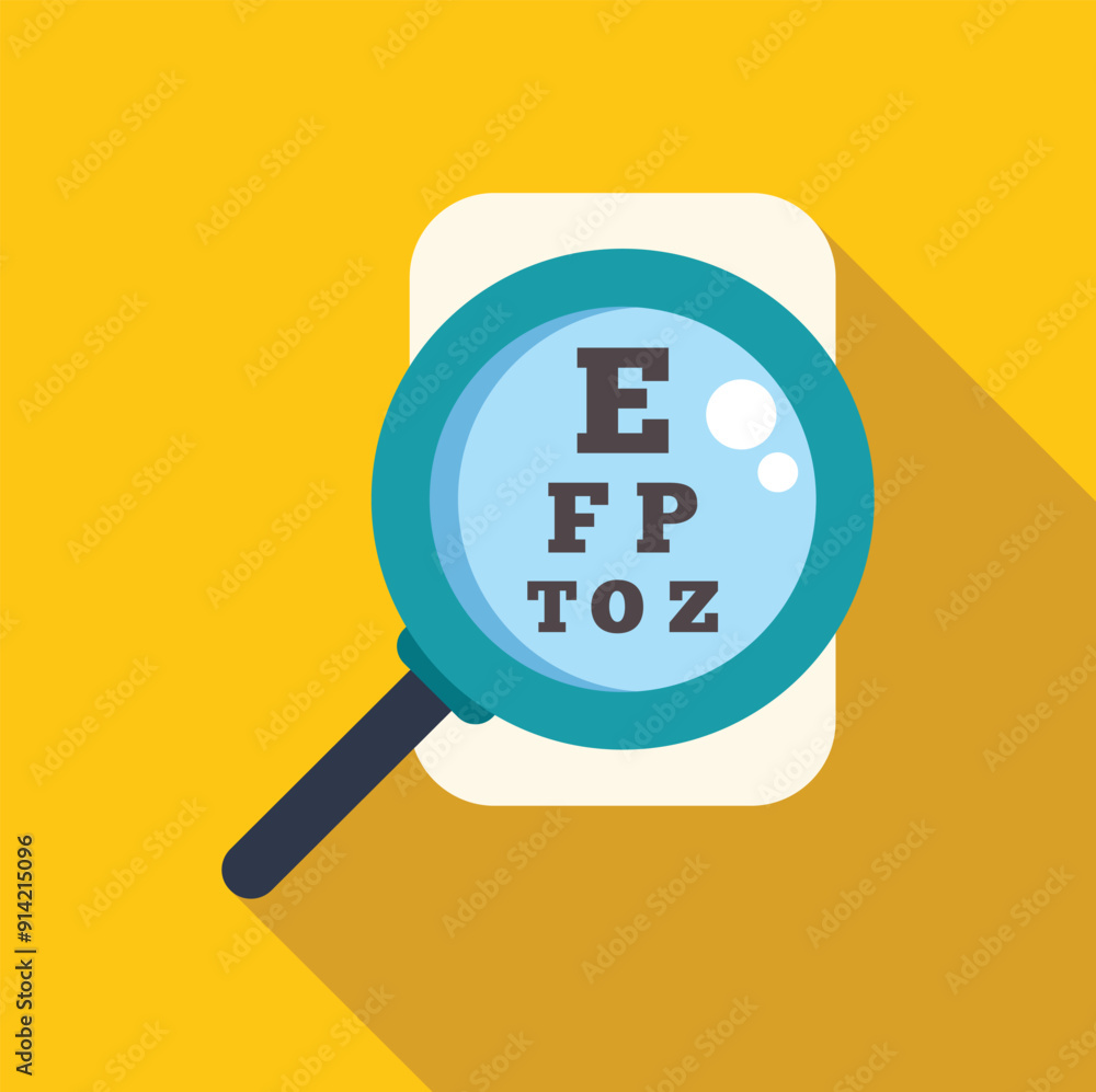 Magnifying glass focusing on snellen eye chart with letter e for vision testing