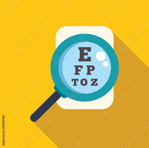 Magnifying glass focusing on snellen eye chart with letter e for vision testing
