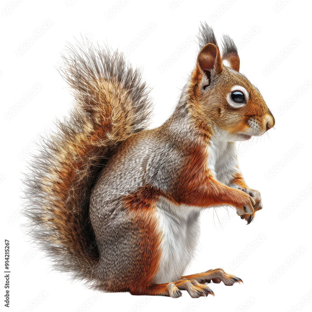 A detailed image of a squirrel standing upright, showcasing its fluffy tail and curious expression in a natural setting. PNG transparent background. A detailed image of a squirrel standing upright, showcasing its fluffy tail and curious expression in a natural setting. PNG transparent background.