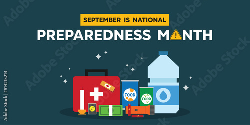 September is National Preparedness Month. Medicine, water, candle, flashlight, food and more. Great for cards, banners, posters, social media and more. Dark green background.