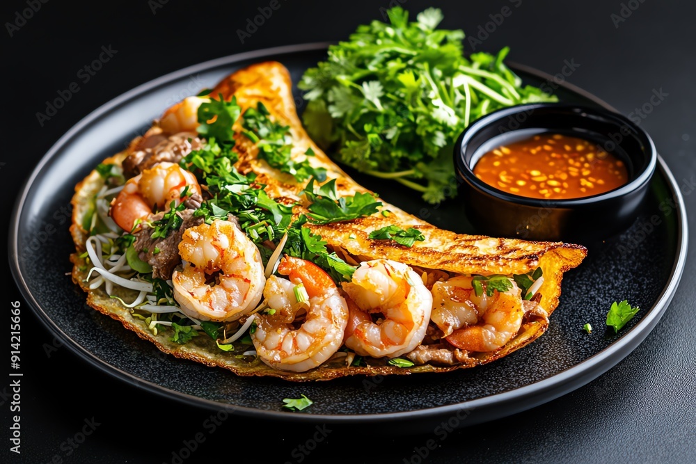 A flavorful Vietnamese banh xeo, a crispy egg and rice flour pancake filled with shrimp, pork, and bean sprouts, served with fresh herbs and dipping sauce A flavorful Vietnamese banh xeo, a crispy egg and rice flour pancake filled with shrimp, pork, and bean sprouts, served with fresh herbs and dipping sauce