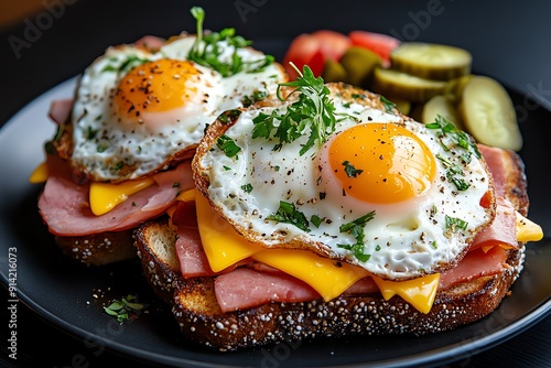 A hearty Dutch uitsmijter, an open-faced sandwich with ham, cheese, and fried eggs, served with pickles and a side of salad
