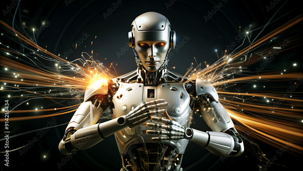 A robot with a humanoid appearance, with visible circuits in conflict, showing a moment of hesitation and internal struggle, when trying to free itself from the control commands. A robot with a humanoid appearance, with visible circuits in conflict, showing a moment of hesitation and internal struggle, when trying to free itself from the control commands.