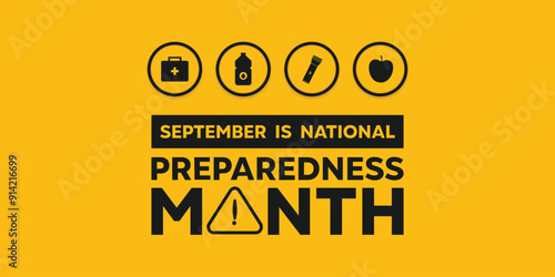 September is National Preparedness Month. Medicine, water, flashlight and apple. Great for cards, banners, posters, social media and more. Yellow background.