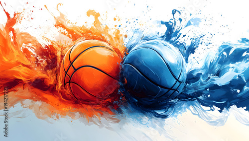 Wallpaper Mural Dynamic splash of orange and blue basketballs, symbolizing energy and competition in sports. Torontodigital.ca