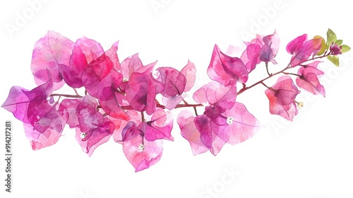 Fototapeta Naklejka Na Ścianę i Meble -  Watercolor bougainvillea clipart featuring bright pink and purple flowers.