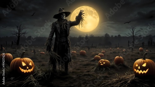 A menacing scarecrow with a carved skull head and in a dark, moonlit field.  photo