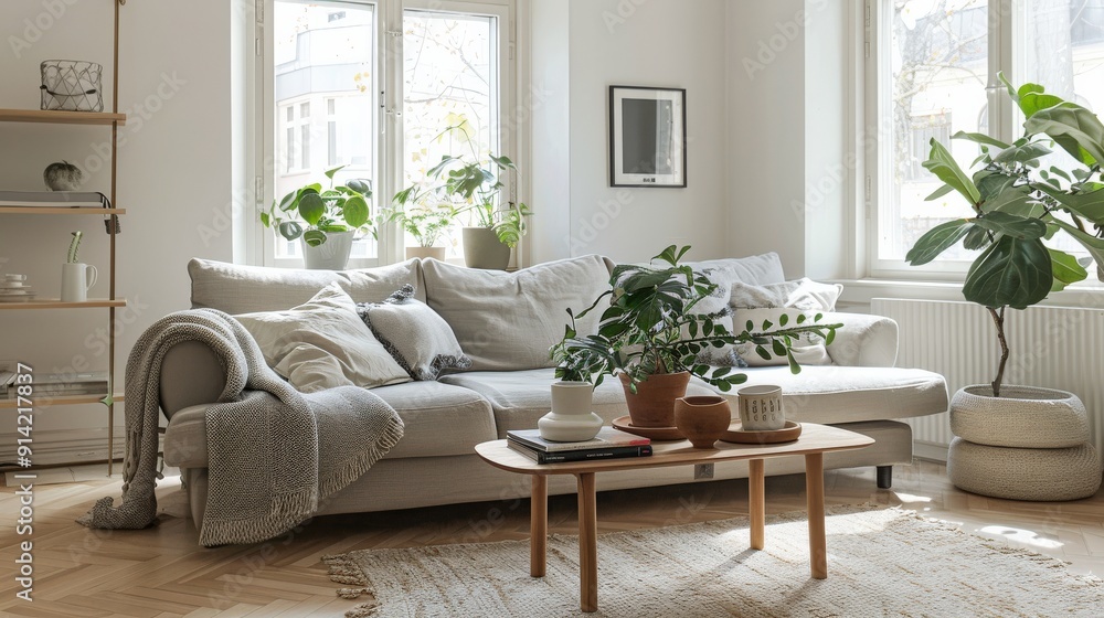Fototapeta premium A bright and airy living room with a comfortable couch, potted plants, and a coffee table.