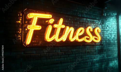 Illuminated neon sign displaying the word 'Fitness' against a brick wall, symbolizing health and wellness in a vibrant atmosphere.