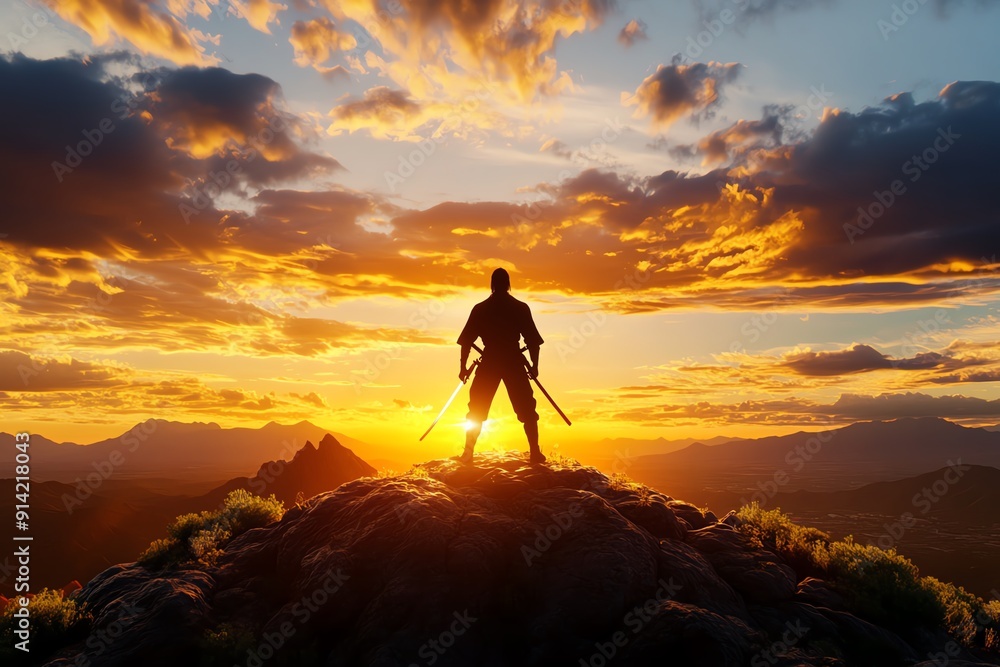 Fototapeta premium A silhouette of a person standing on a mountain peak with swords, against a vibrant sunset sky.