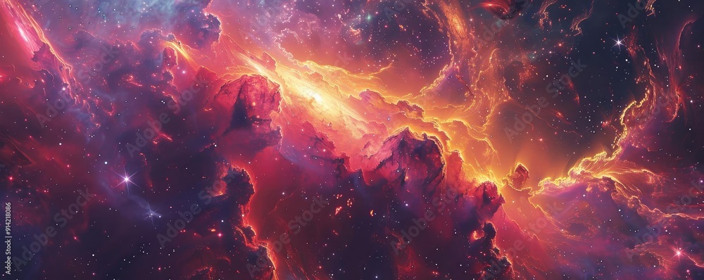 Obraz premium Stunning cosmic scene showcasing vibrant colors, swirling gases, and celestial beauty in the vastness of space.