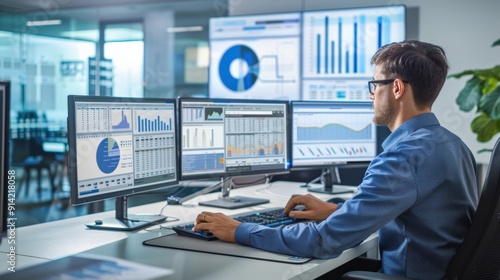 A businessman analyzes data on multiple monitors in a modern office setting. photo