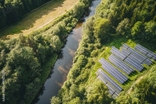 Forest River Aerial Landscape, sustainable energy solutions, green technology, environmental harmony, renewable resources, ecological balance, climate action, nature and innovation, clean energy futur