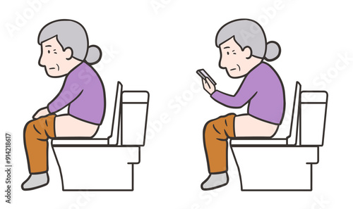 トイレに座る高齢女性とトイレでスマホを見る高齢女性のイラストセット