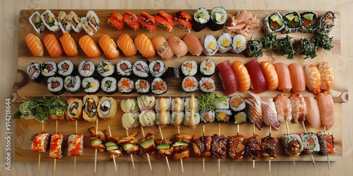 Chopstick Technique: A deftly arranged assortment of food on a wooden board, artfully presented with chopsticks.