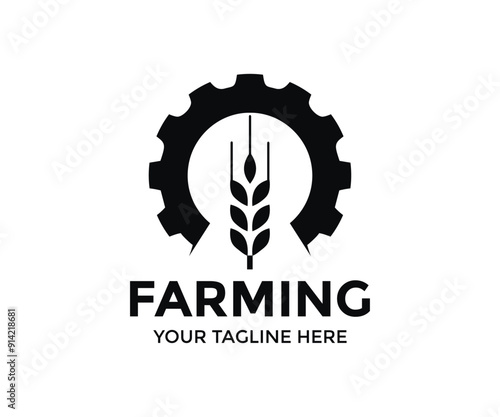 Farming Industry. Ears of wheat on an industrial gear or cog. Agriculture engineering, wheat with gear, food production vector design and illustration.
