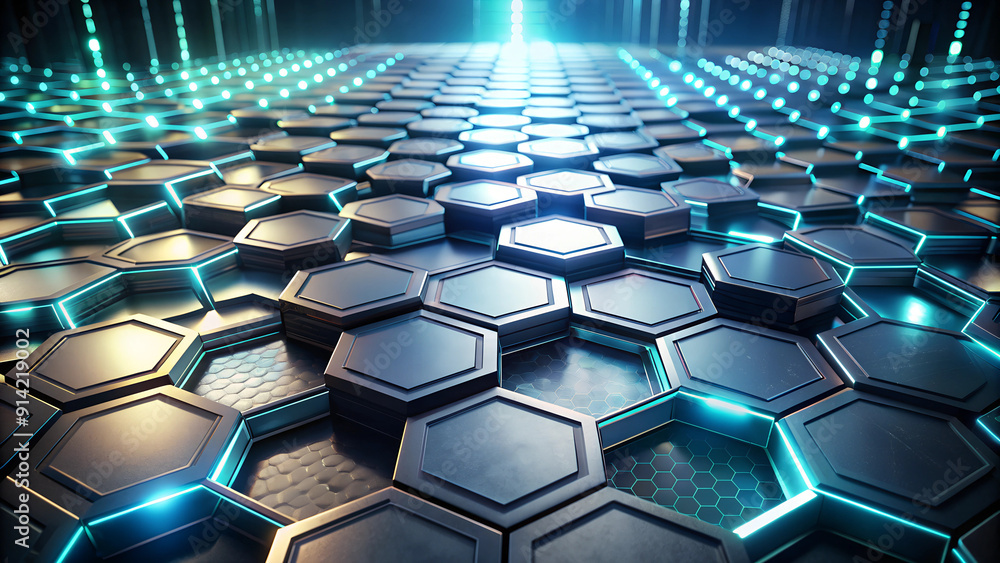 Futuristic, high-tech dark background with a hexagonal grid structure. Wall texture with a 3D honeycomb tile pattern. 3D render. Abstract background. sci-fi Futuristic, high-tech dark background with a hexagonal grid structure. Wall texture with a 3D honeycomb tile pattern. 3D render. Abstract background. sci-fi