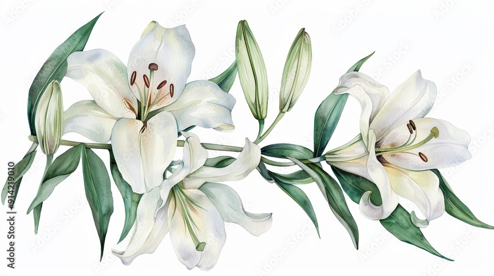 Watercolor lily clipart with elegant white petals and green stems. Watercolor lily clipart with elegant white petals and green stems.