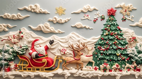 Mural wallpaper with a 3D clay relief of Santa Claus, sleigh, reindeer, and a festive Christmas tree