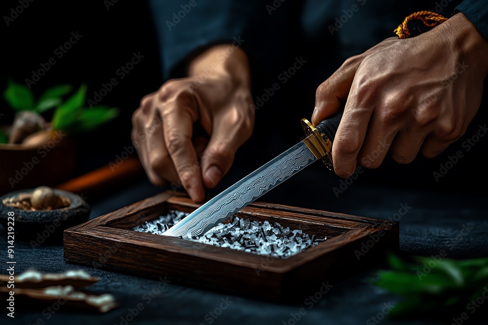 Fototapeta premium An artisan craftsman sharpening a knife on a whetstone in low light, emphasizing focused skill and precision with natural materials.