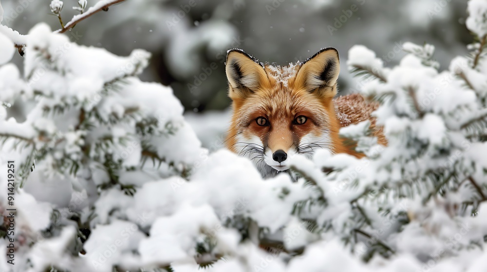 Obraz premium Red Fox Peeking Through Snowy Branches