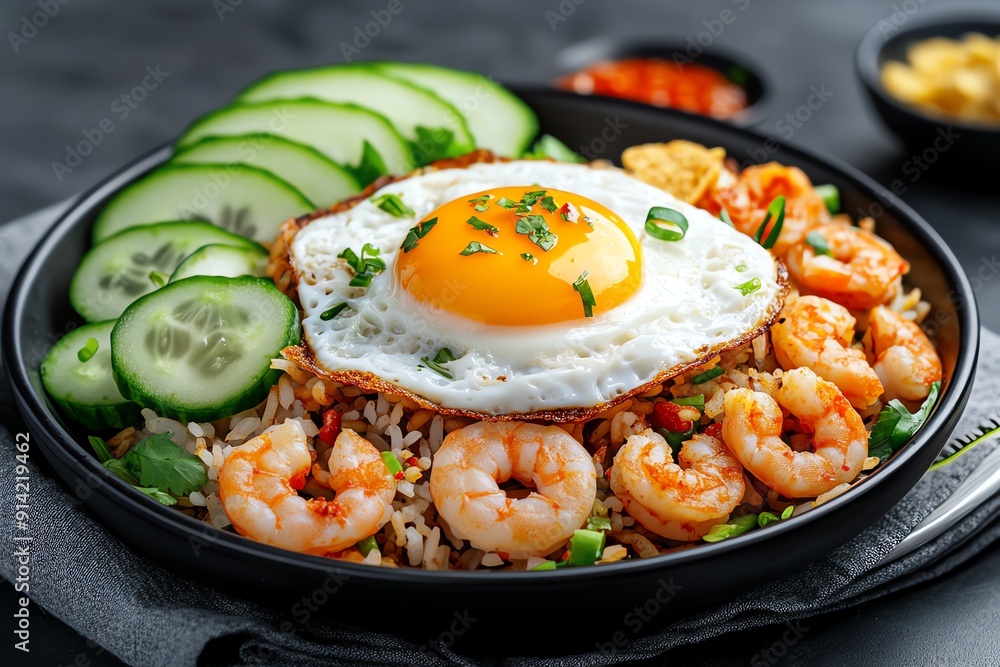 An Indonesian nasi goreng, featuring fried rice topped with a fried egg, served with shrimp crackers, cucumber slices, and a spicy sambal An Indonesian nasi goreng, featuring fried rice topped with a fried egg, served with shrimp crackers, cucumber slices, and a spicy sambal