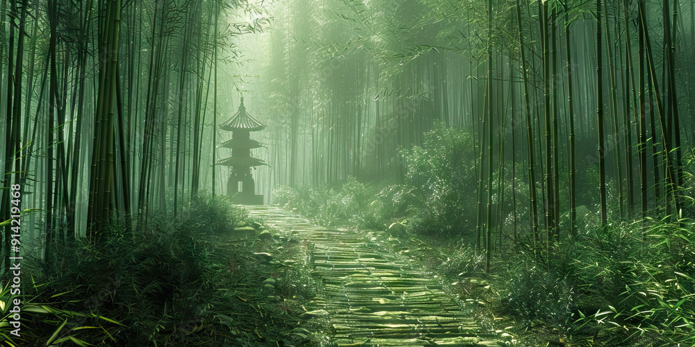 Obraz premium Bamboo Grove Serenity: A bamboo forest scene with a worn stone path leading to a small pagoda.