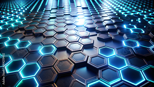 Futuristic, high-tech dark background with a hexagonal grid structure. Wall texture with a 3D honeycomb tile pattern. 3D render. Abstract background. sci-fi