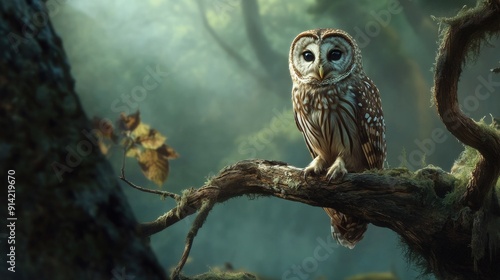 A solitary owl perched on a branch, with the forest floor far below.