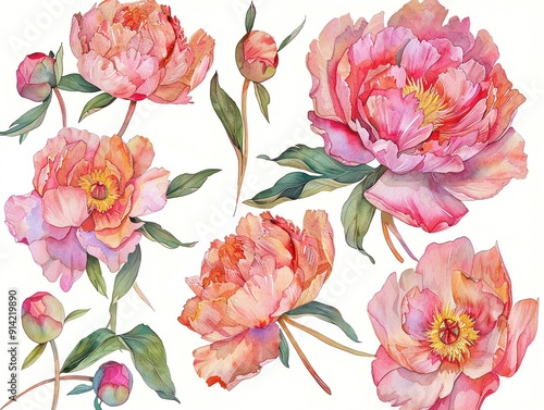 Fototapeta Naklejka Na Ścianę i Meble -  Watercolor peony clipart with delicate petals and vibrant hues.