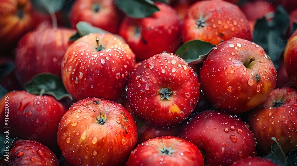A bunch of red apples with water droplets on them A bunch of red apples with water droplets on them