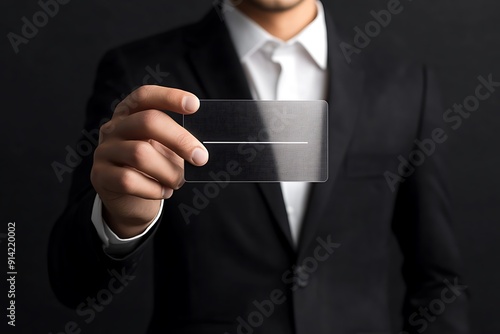 Businessman in suit holding credit card on black background, closeup photo