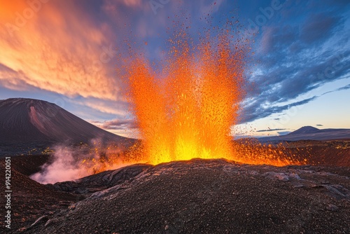 Explosive volcanic eruption at twilight