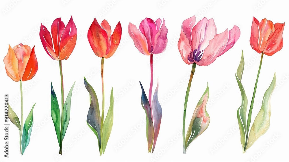 Watercolor tulip clipart in different shades of pink red Watercolor tulip clipart in different shades of pink red
