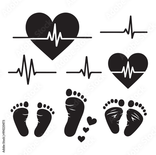 Minimal Set of heart pulse with heart and babys feet vector flat style silhouette vector illustration Design.