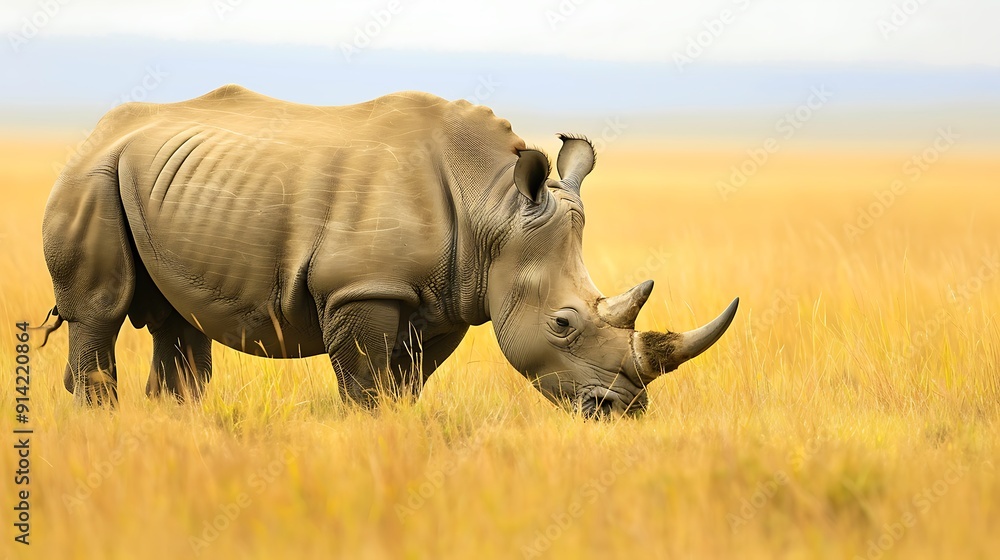 Fototapeta premium White Rhino Grazing in Golden Grass