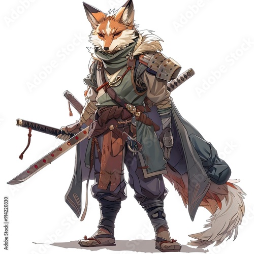 Anime Fox Warrior. AI generated art illustration.