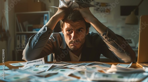 A distressed man sits at a cluttered desk surrounded by papers, expressing frustration and anxiety over financial documents. photo